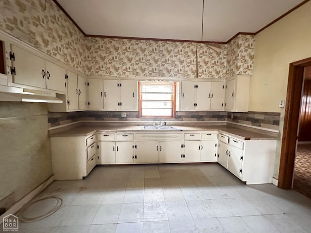 kitchen with wallpapered walls, ornamental molding, under cabinet range hood, decorative backsplash, and a sink