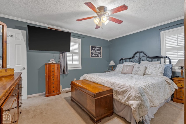 1617 Strawfloor Dr, Jonesboro, AR 72404 - bedroom with crown molding, light colored carpet, a textured ceiling, and ceiling fan