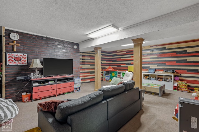 1617 Strawfloor Dr, Jonesboro, AR 72404 - carpeted living area with decorative columns and a textured ceiling