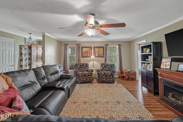1617 Strawfloor Dr, Jonesboro, AR 72404 - living room featuring dark wood-style flooring, a ceiling fan, a textured ceiling, crown molding, and a fireplace