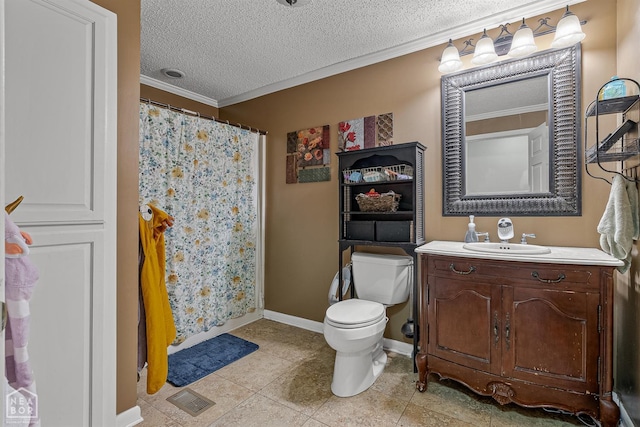 1617 Strawfloor Dr, Jonesboro, AR 72404 - full bathroom with vanity, a textured ceiling, ornamental molding, tile patterned floors, and a shower with shower curtain