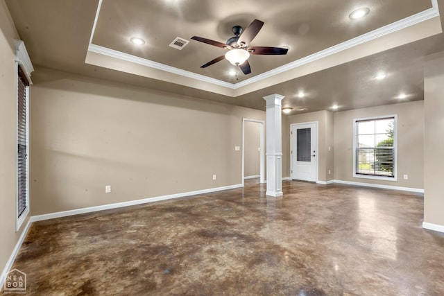398 Wildwood Pt, Jonesboro, AR 72405 - unfurnished room with a ceiling fan, visible vents, finished concrete flooring, crown molding, and ornate columns