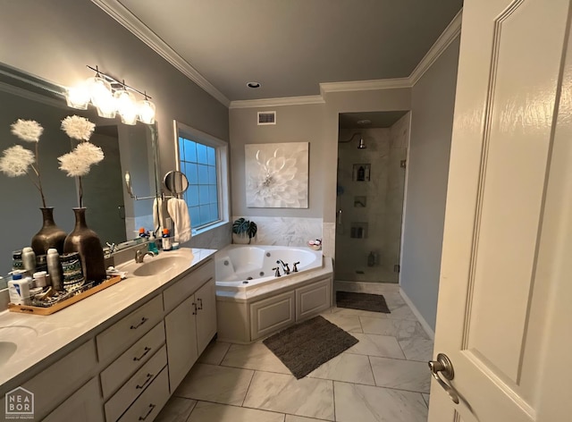 3305 Winged Foot Cv, Jonesboro, AR 72405 - bathroom featuring a shower stall, ornamental molding, a tub with jets, double vanity, and marble finish flooring