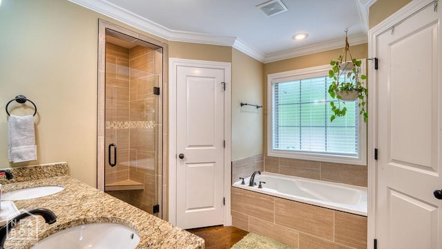 509 Wiregrass Way, Jonesboro, AR 72405 - full bathroom with a stall shower, double vanity, a bath, and ornamental molding