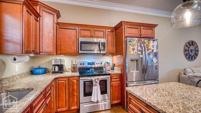 509 Wiregrass Way, Jonesboro, AR 72405 - kitchen with appliances with stainless steel finishes, crown molding, light stone countertops, and hanging light fixtures