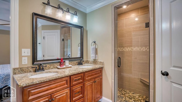 509 Wiregrass Way, Jonesboro, AR 72405 - full bathroom with a stall shower, double vanity, and crown molding