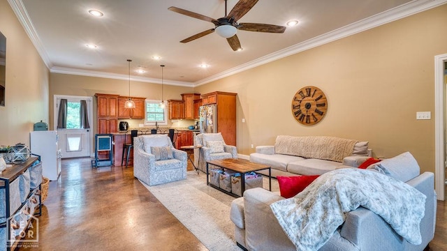 509 Wiregrass Way, Jonesboro, AR 72405 - living room with a ceiling fan, recessed lighting, finished concrete flooring, and ornamental molding