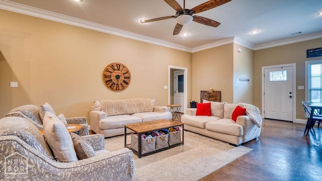 509 Wiregrass Way, Jonesboro, AR 72405 - living room featuring ceiling fan, finished concrete floors, crown molding, and recessed lighting