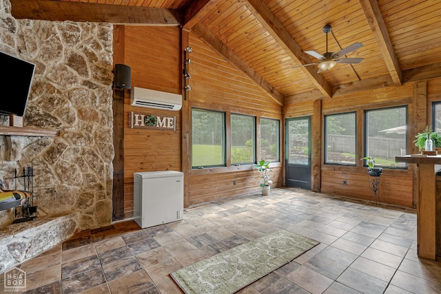 3821 Pebble Beach Dr, Jonesboro, AR 72404 - unfurnished sunroom featuring a wall mounted AC, healthy amount of natural light, wood ceiling, and wood walls