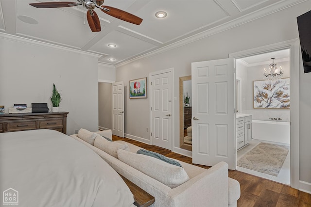 3821 Pebble Beach Dr, Jonesboro, AR 72404 - bedroom featuring coffered ceiling, dark wood-style floors, crown molding, recessed lighting, and a chandelier