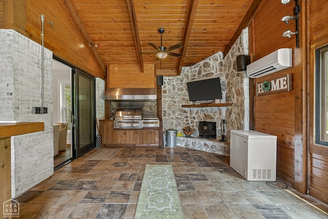 3821 Pebble Beach Dr, Jonesboro, AR 72404 - unfurnished living room featuring a wall mounted AC, wooden ceiling, a ceiling fan, a fireplace, and dark stone finish floors