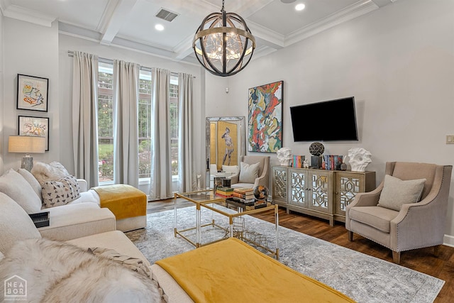 3821 Pebble Beach Dr, Jonesboro, AR 72404 - living area with wood finished floors, coffered ceiling, a chandelier, beam ceiling, and crown molding