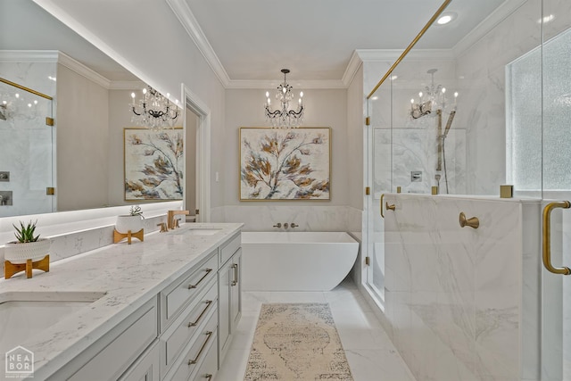 3821 Pebble Beach Dr, Jonesboro, AR 72404 - full bath with a chandelier, a freestanding tub, a marble finish shower, crown molding, and double vanity