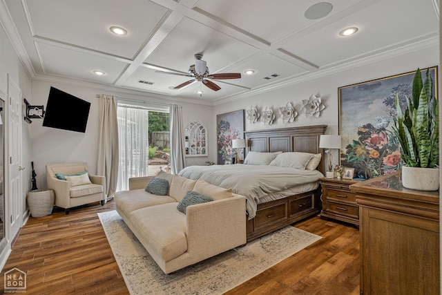 3821 Pebble Beach Dr, Jonesboro, AR 72404 - bedroom with coffered ceiling, access to outside, dark wood-style flooring, recessed lighting, and crown molding