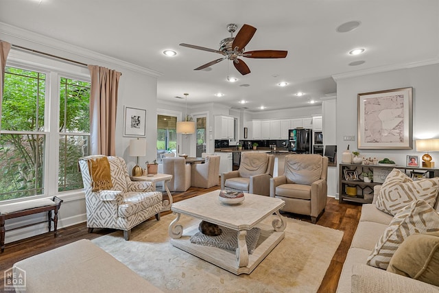 3821 Pebble Beach Dr, Jonesboro, AR 72404 - living area featuring ornamental molding, ceiling fan, dark wood finished floors, and recessed lighting