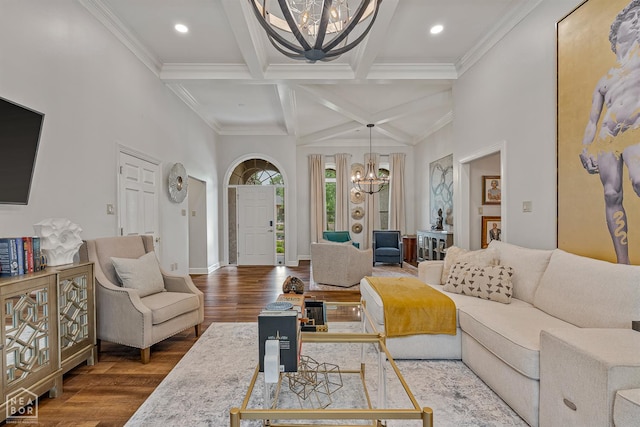 3821 Pebble Beach Dr, Jonesboro, AR 72404 - living room featuring a chandelier, dark wood finished floors, beam ceiling, coffered ceiling, and recessed lighting