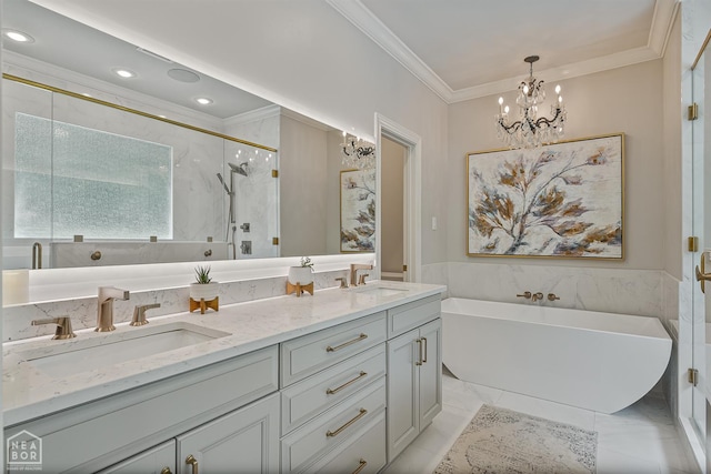 3821 Pebble Beach Dr, Jonesboro, AR 72404 - bathroom featuring crown molding, a soaking tub, a stall shower, double vanity, and a chandelier