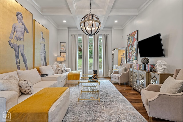 3821 Pebble Beach Dr, Jonesboro, AR 72404 - living room with dark wood-type flooring, a chandelier, beamed ceiling, coffered ceiling, and ornamental molding