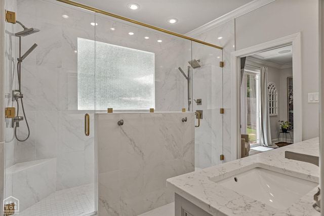3821 Pebble Beach Dr, Jonesboro, AR 72404 - full bathroom with ornamental molding, vanity, a marble finish shower, and recessed lighting