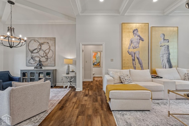 3821 Pebble Beach Dr, Jonesboro, AR 72404 - living area featuring dark wood-style floors, a chandelier, beam ceiling, baseboards, and recessed lighting