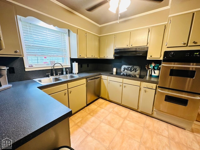 2804 Ivy Dr, Newport, AR 72112 - kitchen featuring a sink, stainless steel appliances, under cabinet range hood, dark countertops, and cream cabinetry