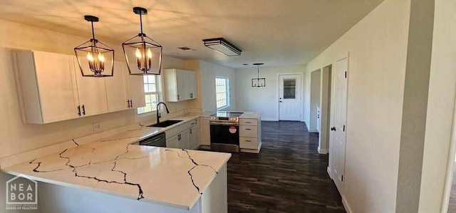 kitchen featuring dark wood-style floors, a sink, a peninsula, stainless steel electric range oven, and white cabinetry