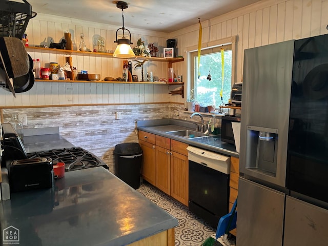 48 E Lakeshore Dr, Williford, AR 72482 - kitchen featuring black appliances, wooden walls, stainless steel counters, open shelves, and hanging light fixtures