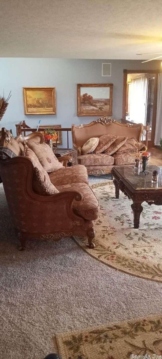 living room featuring a textured ceiling and carpet floors