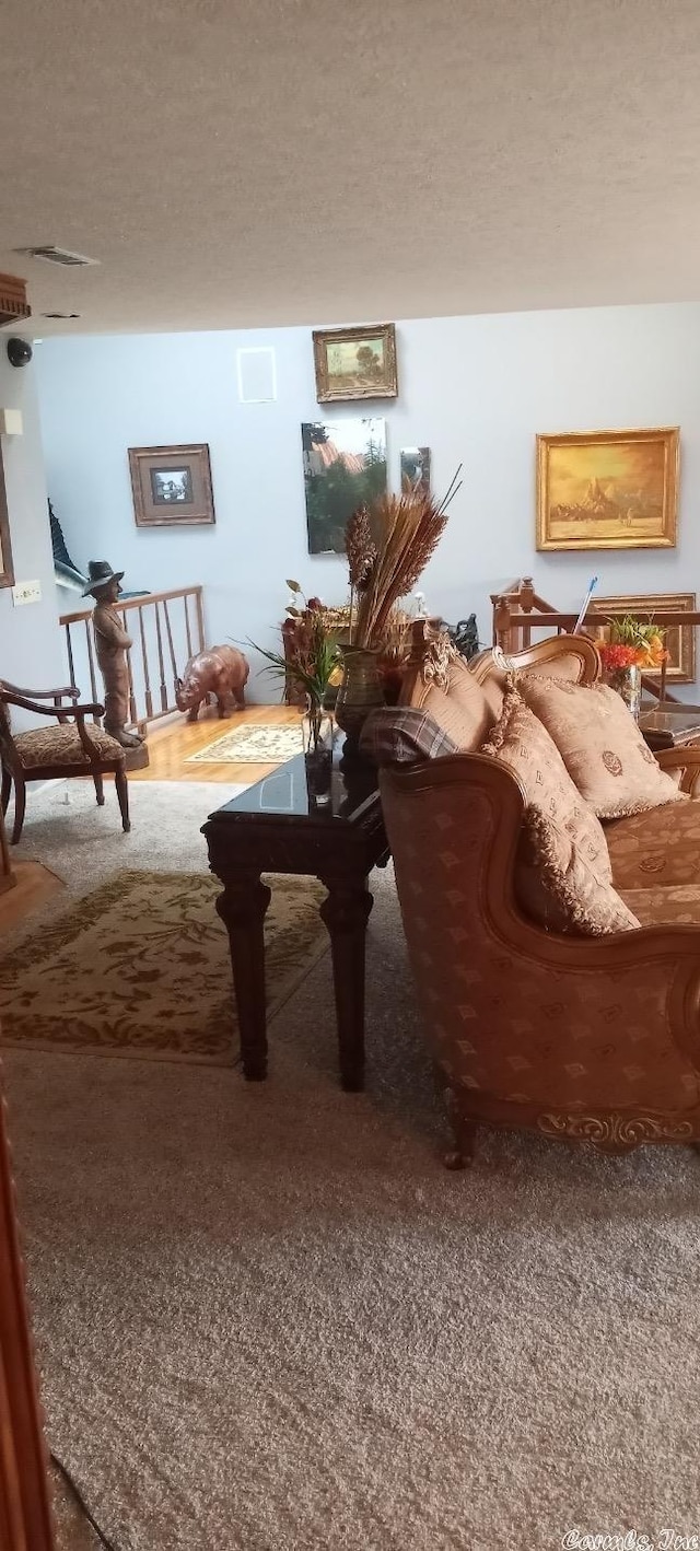 carpeted living room featuring a textured ceiling