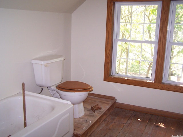 bathroom featuring a bathing tub, toilet, a healthy amount of sunlight, and wood-type flooring