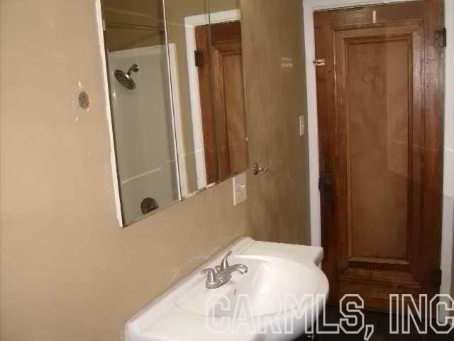 bathroom featuring walk in shower and sink