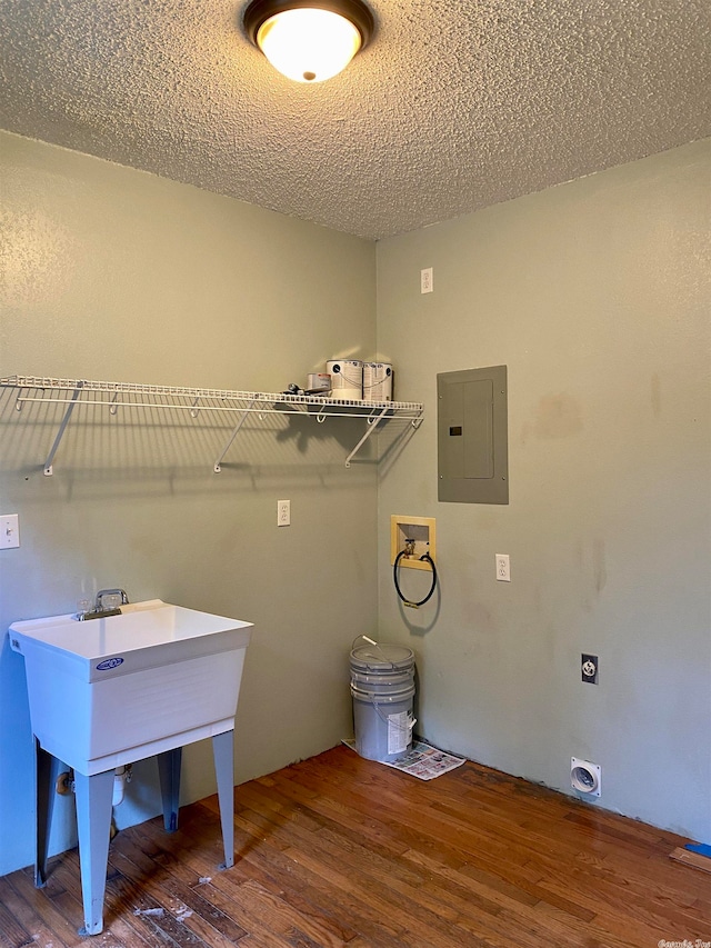 clothes washing area featuring washer hookup, electric panel, dark wood-type flooring, hookup for an electric dryer, and a textured ceiling