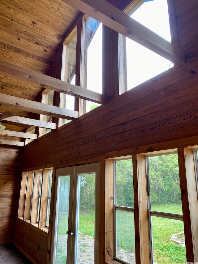 details with wooden walls and wooden ceiling