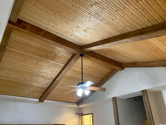 interior details with wood ceiling, beam ceiling, and ceiling fan