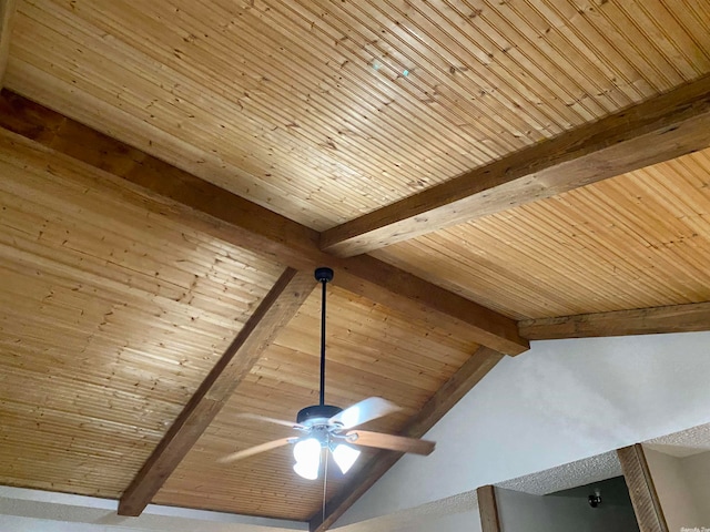 interior details featuring beamed ceiling, ceiling fan, and wooden ceiling