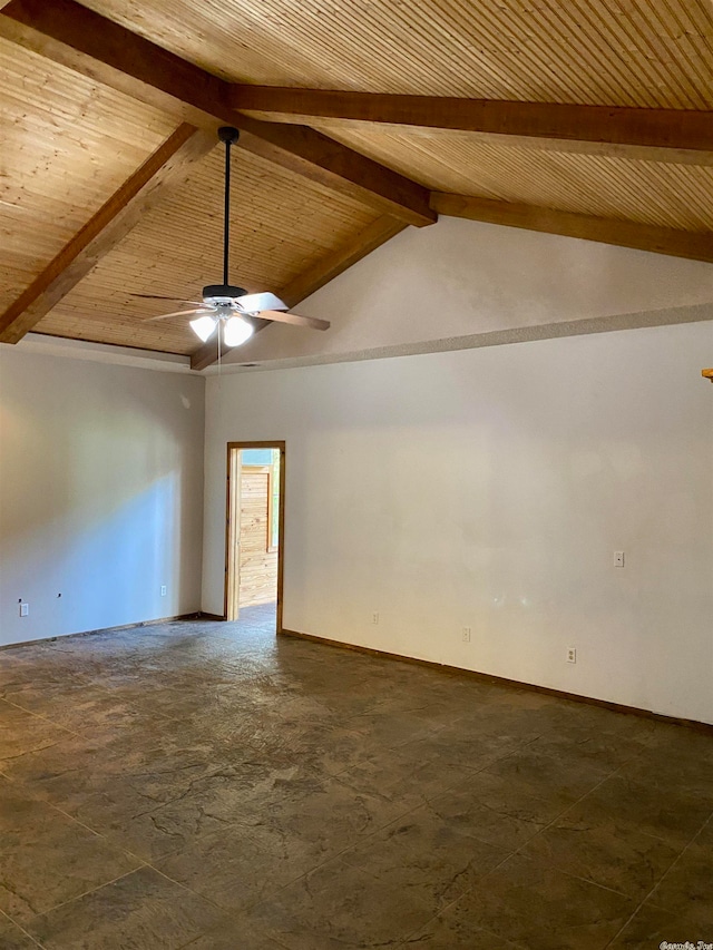 unfurnished room featuring ceiling fan, wood ceiling, high vaulted ceiling, and beamed ceiling