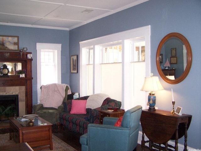 living room featuring a healthy amount of sunlight, dark hardwood / wood-style flooring, and a fireplace