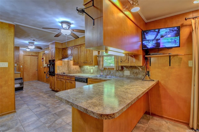 kitchen featuring light tile flooring, ceiling fan, kitchen peninsula, black appliances, and sink