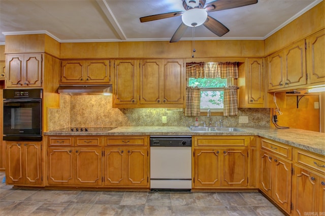 kitchen featuring ceiling fan, wall chimney exhaust hood, black appliances, backsplash, and sink