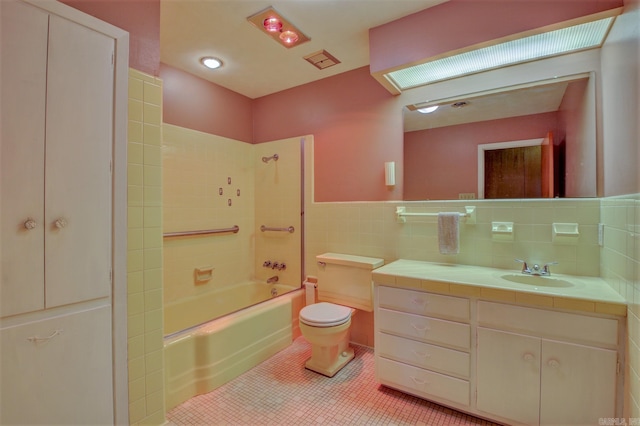 full bathroom with toilet, shower / tub combination, backsplash, tile walls, and tile floors