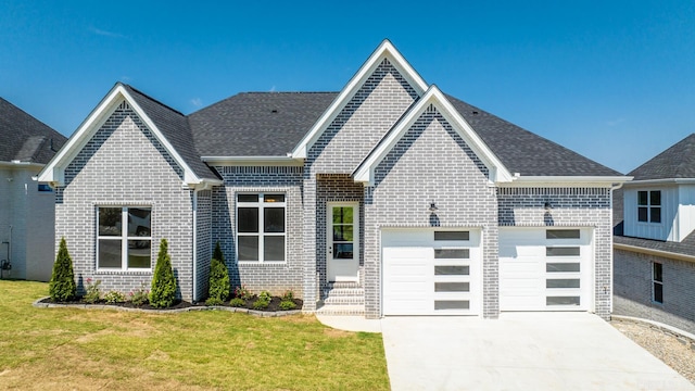 view of front of house with a front lawn and a garage