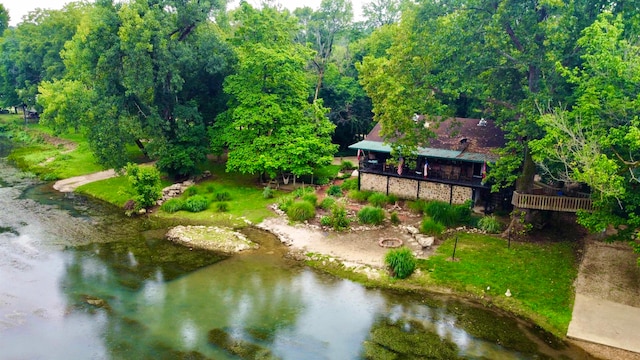 drone / aerial view featuring a water view