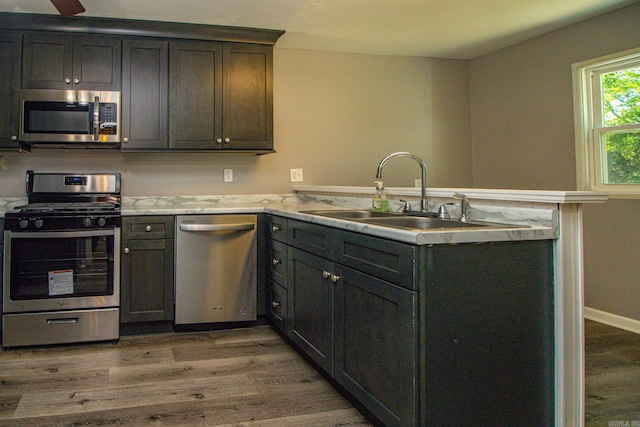 kitchen with appliances with stainless steel finishes, sink, kitchen peninsula, and wood-type flooring