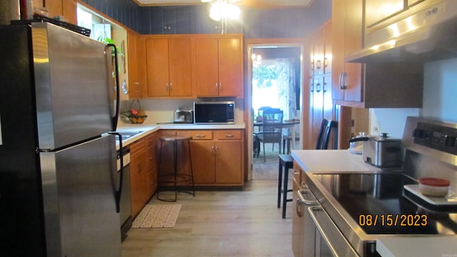 kitchen featuring ceiling fan, stainless steel appliances, and light wood-type flooring