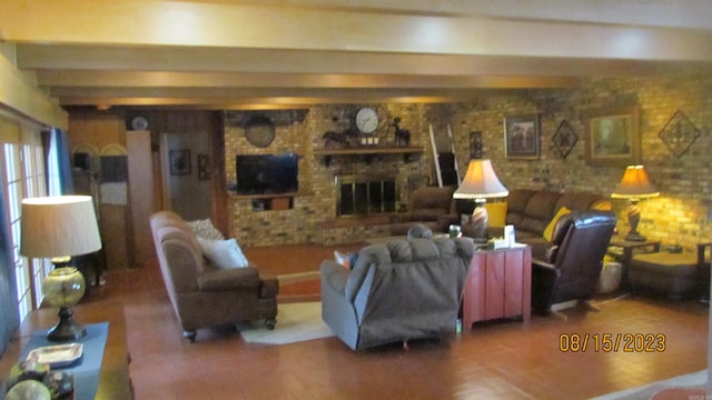 living room featuring dark wood-type flooring and a fireplace