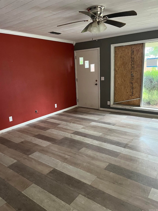 empty room with wooden ceiling, light hardwood / wood-style floors, ceiling fan, and crown molding