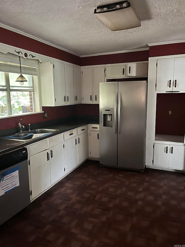 kitchen featuring white cabinetry, dishwasher, stainless steel refrigerator with ice dispenser, dark parquet flooring, and crown molding