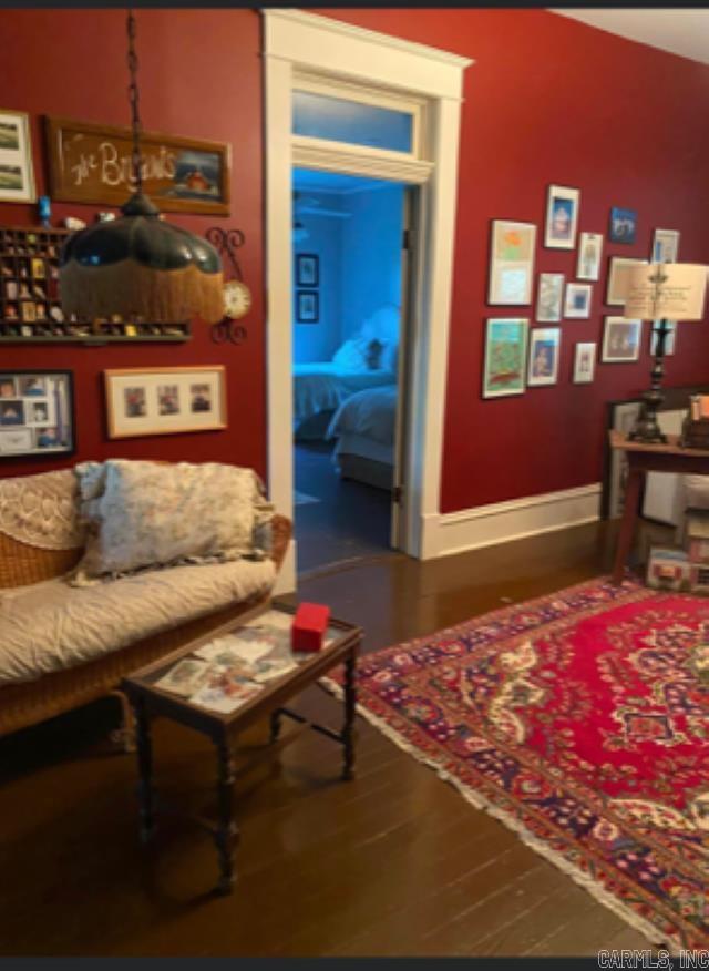 living room with dark hardwood / wood-style flooring