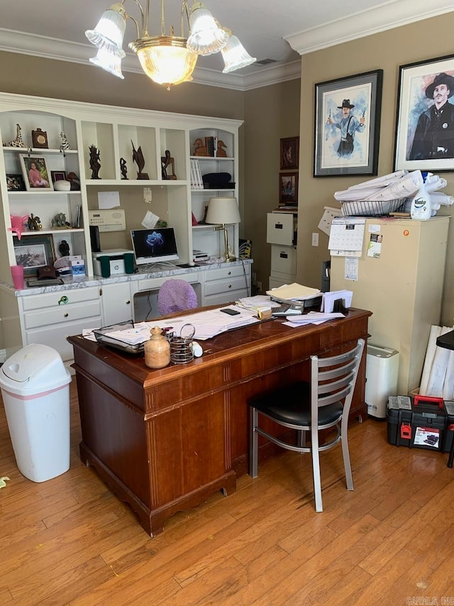 office area featuring light hardwood / wood-style floors, a notable chandelier, and crown molding