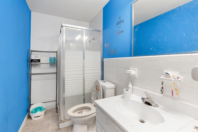 bathroom featuring tile walls, tile floors, backsplash, a textured ceiling, and toilet